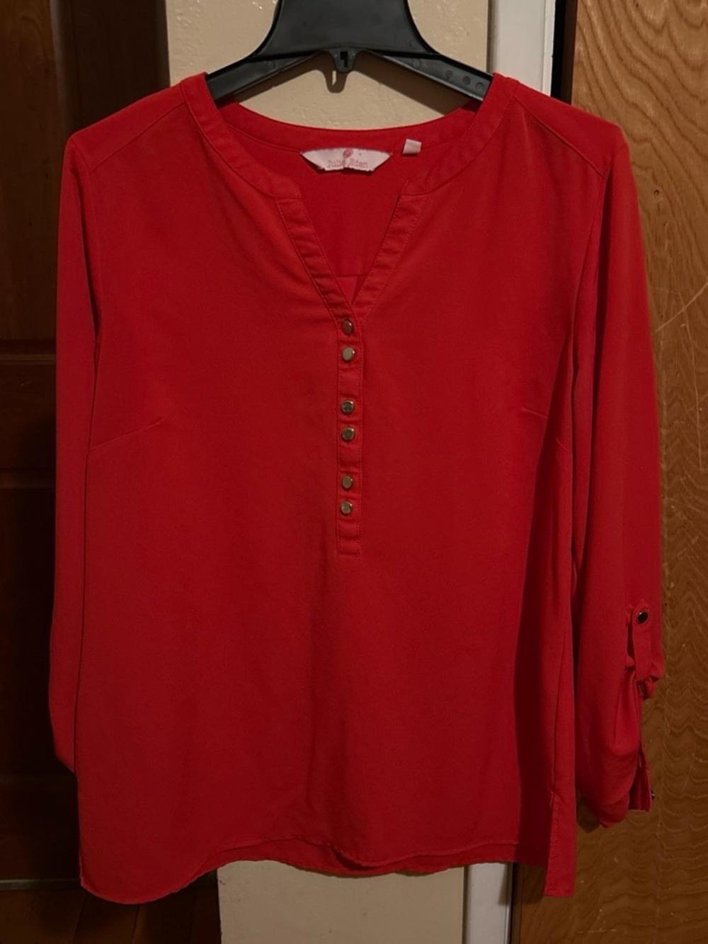 Women's Red Button-Front V-Neck Blouse